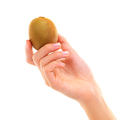 Image showing Hand, kiwi and healthy food for diet, wellness and weight loss with ingredient isolated on white background. Person with fruit, sweet or sour with nutrition, exotic and clean eating vegan for detox