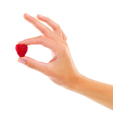 Image showing Hands, raspberry and healthy food for diet, wellness and weight loss with ingredient isolated on white background. Person with fruit, sweet or sour with nutrition, red berries for detox and vegan