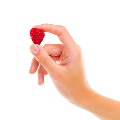 Image showing Hand, raspberry and healthy food for nutrition, wellness and weight loss with ingredient isolated on white background. Person with fruit, sweet or sour with diet, red berries for detox and vegan