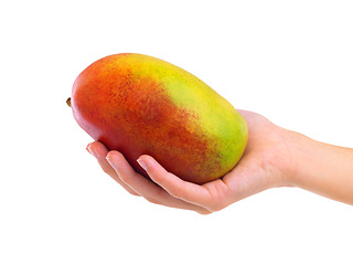 Image showing Hands, mango and healthy food for nutrition, wellness and weight loss with ingredient isolated on white background. Person with fruit, sweet or sour with diet, tropical or exotic for detox and vegan