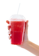 Image showing Hand, smoothie and drinking for vitamins in studio, nutrition and juice with delicious taste on white background. Person, diet and milkshake for weight loss or detox, minerals and wellness fiber