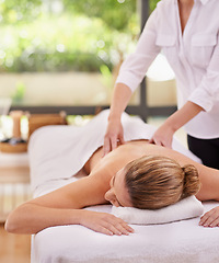 Image showing Woman, hands and spa with massage therapist for luxury peace or stress relief at zen resort, calm or vacation. Female person, eyes closed and comfortable for healthy skincare, treatment or wellness