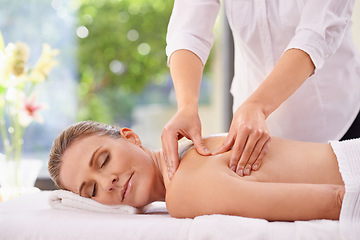 Image showing Woman, hands and spa massage for holiday treatment or relax stress relief at zen resort, calm or vacation. Female person, eyes closed and comfortable break or healthy carefree, pamper or luxurious