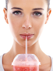Image showing Woman, smoothie and portrait for vitamins in studio, nutrition and health with straw on white background. Female person, closeup and milkshake for weight loss or detox, minerals and wellness fiber