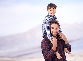 Image showing Beach, portrait and man with child on shoulders, smile and mockup space on outdoor adventure. Support, face of father and son in nature for fun, bonding and happy trust on ocean holiday together