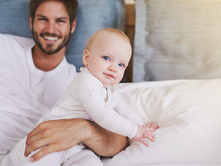 Image showing Family, happy and father with baby in bedroom for bonding, relationship and care for parenting. Love, portrait and dad playing with newborn infant for child development, support and affection in home