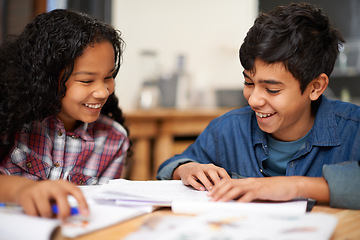 Image showing Children, homework and classroom teamwork for education assignment together for lesson, learning collaboration. Boy, girl and school student for project brainstorming with smile, creative or academy