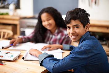 Image showing Children, portrait and friends in classroom homework or teamwork project, assignment or education. Girl, boy and smile with paperwork knowledge for student learning or lesson, creative or development