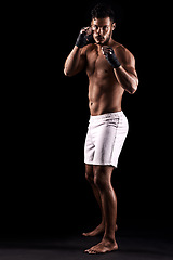 Image showing Fitness, body or portrait of man boxer in studio for power, resilience and training on black background. Fighter, hands by kickboxing male at gym for wellness, energy or exercise, workout or match