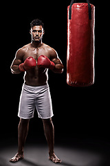 Image showing Serious, boxer and portrait of man in studio with gloves for training with strength and muscle. Adult, athlete and male person in dark background, healthy and power with body, punching bag and sport