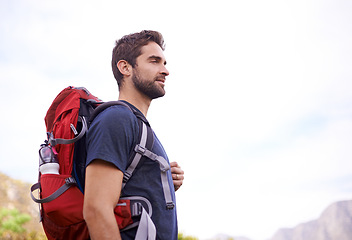 Image showing Man, hiking and nature for exercise, health and wellness with view and mountain. Athlete, fitness and adventure with summer, sunshine and backpack journey on cape town trail with travel and vacation