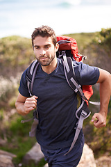Image showing Athlete, hiking and nature for fitness, health and wellness with back and mountain. Man, exercise and adventure with summer, sunshine and backpack journey on cape town trail with travel and vacation