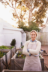 Image showing Gardening, portrait or woman in backyard with arms crossed or plants for landscaping, planting and growth. Agriculture, nature or happy person for outdoor environment, growing vegetables and nursery