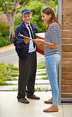 Image showing Package, clipboard and deliveryman with woman at her home gate for ecommerce shipping parcel. Outdoor, order and courier driver with cardboard box with female person for signature at house entrance.