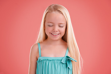 Image showing Girl, kid and wish in studio, smile and child development or pray on pink background. Happy female person, dream and confident for childhood faith on backdrop, positive attitude and satisfaction