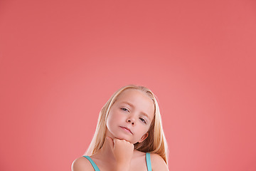 Image showing Planning, ideas and girl child in studio with brainstorming facial expression by mockup space. Thinking, question and young kid model with guess, decision or choice face isolated by pink background.