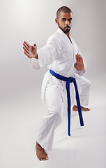 Image showing Studio, sport a d karate for black man, training and exercise for balance of body for physical health. White background, African male person and adult with uechi-ryu for self defense with hands