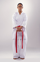 Image showing Woman, portrait and karate athlete in studio, fitness and martial arts on white background. Black person, practice and red belt for taekwondo, discipline and warrior ready for self defense or battle