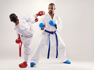 Image showing People, karate and kick with training in studio on white background to fight or practice for competition. Mma, sport and kick with glove for fitness, commitment and confidence with focus as fighters