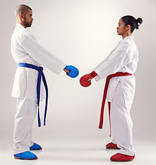 Image showing People, karate and training with gloves in studio on white background to fight or practice for competition. Mma, sport and focus or respect with fitness, commitment and confidence as fighter