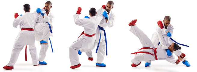 Image showing Karate, fight and people in studio exercise, training with gloves on fist or collage of class. Composite, montage and student learning from teacher in martial arts with kick or punch technique