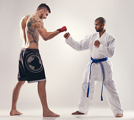 Image showing Karate, mma and men fight in competition, exercise or training body in studio isolated on a white background. Sports, martial arts and people sparring in battle for challenge or workout for fitness