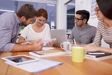 Image showing Coworkers, business people and meeting in workplace for teamwork, collaboration or documents. Office, creative company and diversity group of employees together for discussion, planning or technology