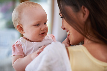 Image showing Happy, love and mother with baby in home for bonding, relationship and care for motherhood. Family, parenting and mom carrying newborn infant for child development, support and affection in house