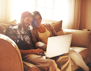 Image showing Love, relax and couple on sofa with laptop for watching movies, entertainment and streaming in living room. Marriage, happy and man and woman on computer for internet, website and online film in home
