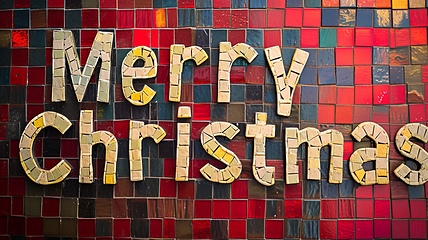 Image showing Mosaic Tile Merry Christmas concept creative horizontal art poster.