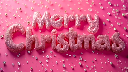 Image showing Pink Glossy Surface Merry Christmas concept creative horizontal art poster.