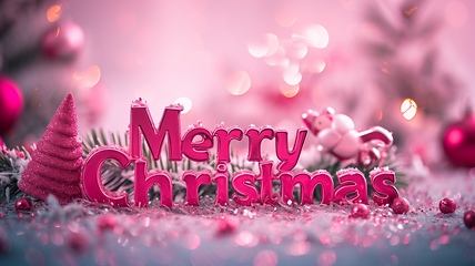 Image showing Pink Glossy Surface Merry Christmas concept creative horizontal art poster.