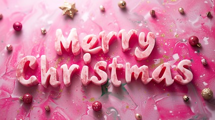 Image showing Pink Marble Merry Christmas concept creative horizontal art poster.
