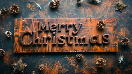 Image showing Wooden Mahogany Merry Christmas concept creative horizontal art poster.