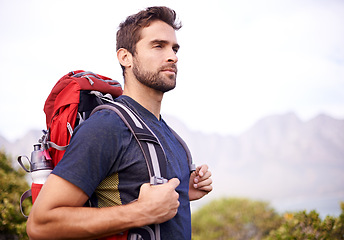Image showing Man, hiking and mountain for fitness, health and wellness with view and nature. Athlete, exercise and adventure with summer, sunshine and backpack journey on cape town trail with travel and vacation
