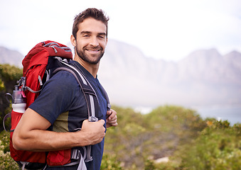 Image showing Man, happy and hike for fitness with backpack for adventure, workout and hobby to explore in New Zealand. Portrait, smile and outdoor activity in nature for health in woods and summer holiday