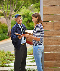 Image showing Parcel, clipboard and deliveryman with woman at her home gate for ecommerce shipping package. Outdoor, order and courier driver with cardboard box with female person for signature at house entrance.