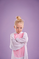 Image showing Girl, bunny and plush with attitude, studio and arms crossed for easter. Child, costume and youth with pastel, rabbit and grumpy for holiday with childhood dress up isolated on purple background