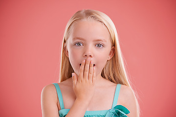 Image showing Wow, surprise and portrait of girl in studio with hand on mouth for secret, gossip or news on pink background. Omg, face and kid model with oops emoji, shock or announcement, promo or unexpected info