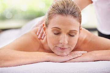 Image showing Woman, hands and spa with massage therapist for calm peace for stress relief at zen resort, holiday or vacation. Female person, eyes closed and comfortable for healthy skincare, treatment or luxury