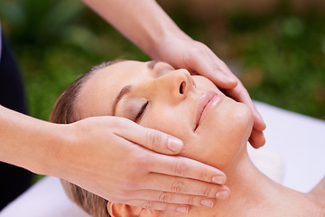 Image showing Happy woman, sleeping and face massage with masseuse for zen, skincare or stress relief at spa, hotel or resort. Closeup of female person asleep in relaxation for facial, beauty or body treatment