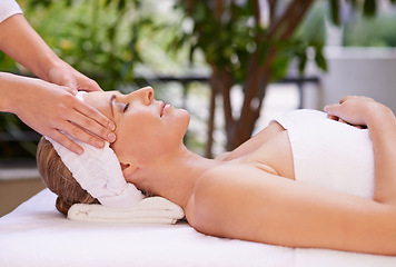 Image showing Calm woman, sleeping and head massage with masseuse for zen, skincare or stress relief at spa, hotel or resort. Female person asleep in relaxation for facial, beauty or body treatment at the salon