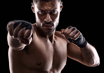 Image showing Fight, boxing and portrait of man with hands for fitness, sport and exercise isolated in black background. Male person, athlete and boxer in studio backdrop for wellness, training and health