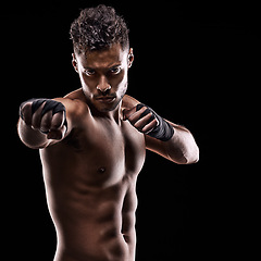 Image showing Fitness, portrait and man with hands for boxing, sport and exercise isolated in black background. Male person, athlete and boxer in studio backdrop for workout, training and wellness for health