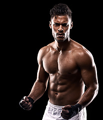 Image showing Sport, fitness and portrait of man with mockup for boxing, exercise and workout isolated in black background. Body builder, athlete and boxer in studio backdrop for wellness, training and health