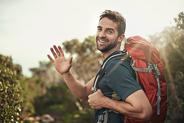 Image showing Man, hike and hi with smile for adventure with backpack for fitness, workout and hobby in New Zealand. Portrait, happy and outdoor activity in nature for healthy mind in woods on holiday in summer