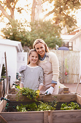 Image showing Mother, daughter and gardening with portrait in home for bonding, happy family and organic hobby. Woman, girl child and smile with sustainability, agriculture and plant growth in backyard of house