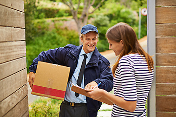 Image showing Box, clipboard and deliveryman with woman at her home gate for ecommerce shipping package. Outdoor, order and courier driver with cardboard parcel with female person for signature at house entrance.