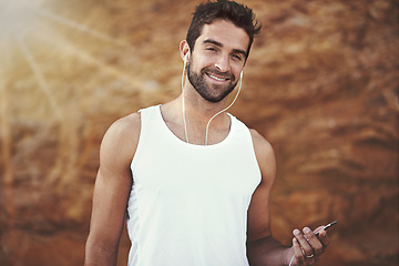 Image showing Fitness, headphones and portrait of man with phone for training, exercise and music for workout. Male person, earphones and face with happiness for online streaming, podcast and morning cardio