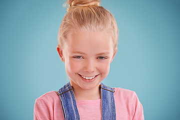 Image showing Child, smile and portrait in studio for tween, young and growing up for adolescent, innocent and growth for cute. Little girl or kid and happy for junior, childhood and children for joy and adorable